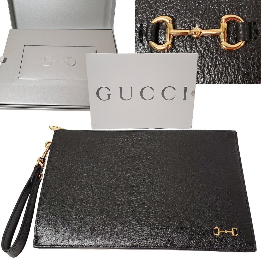 GUCCI BAG 700524 UNISEX BLACK LEATHER POUCH w HORSEBIT WRISTLET CLUTCH UNISEX